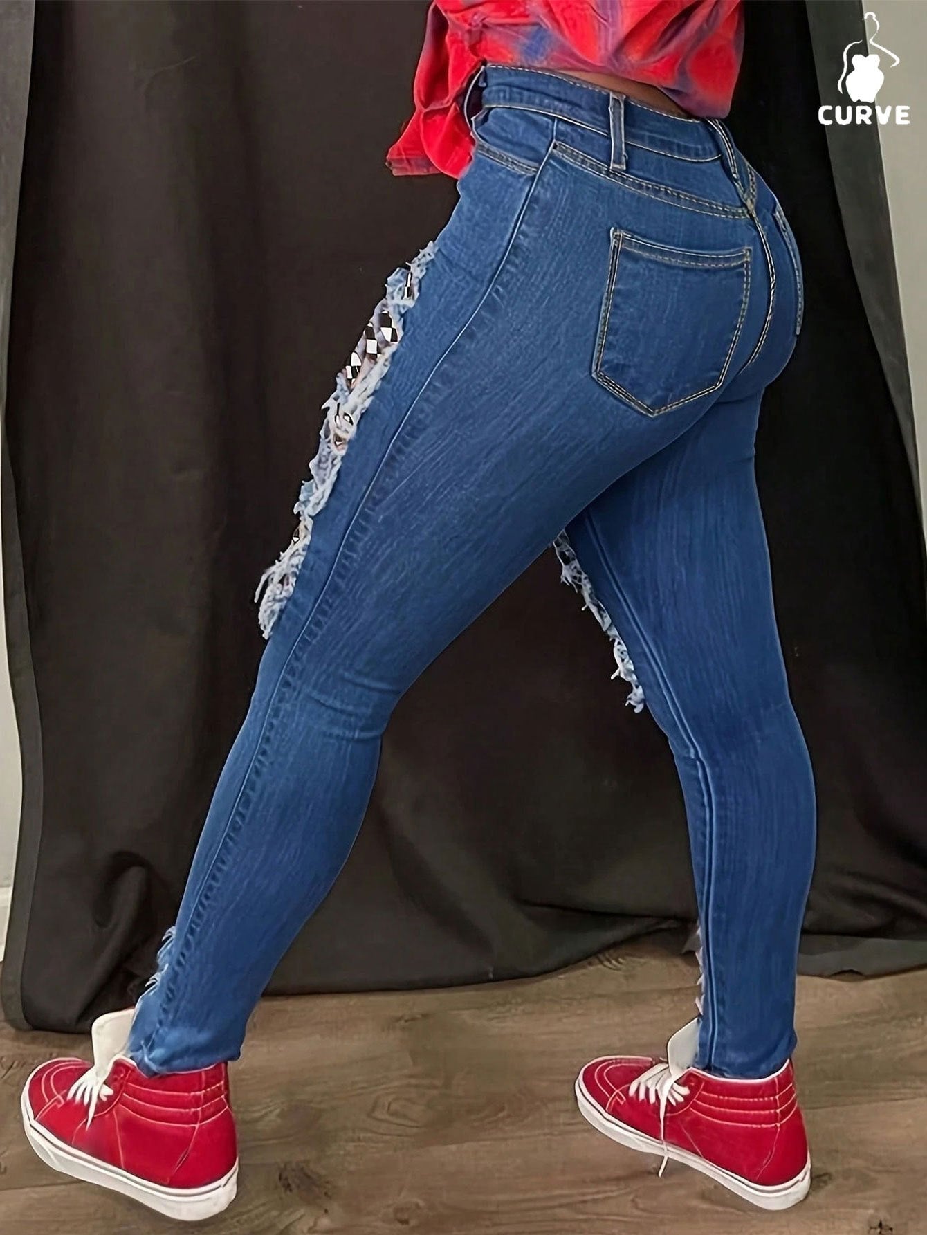 Women's Skinny Jeans - Medium Blue Distressed detail image