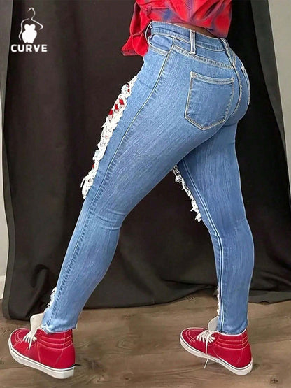 Women's Skinny Jeans - Medium Blue Distressed detail image - detail view 6