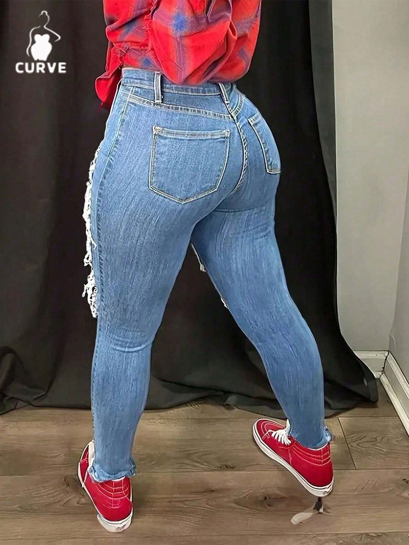 Women's Skinny Jeans - Medium Blue Distressed detail image - detail view 8