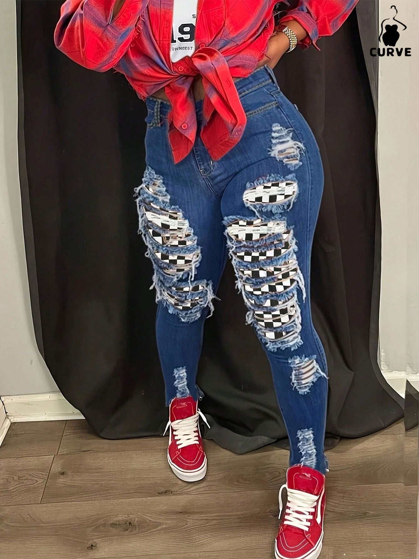 Women's Skinny Jeans - Medium Blue Distressed product image