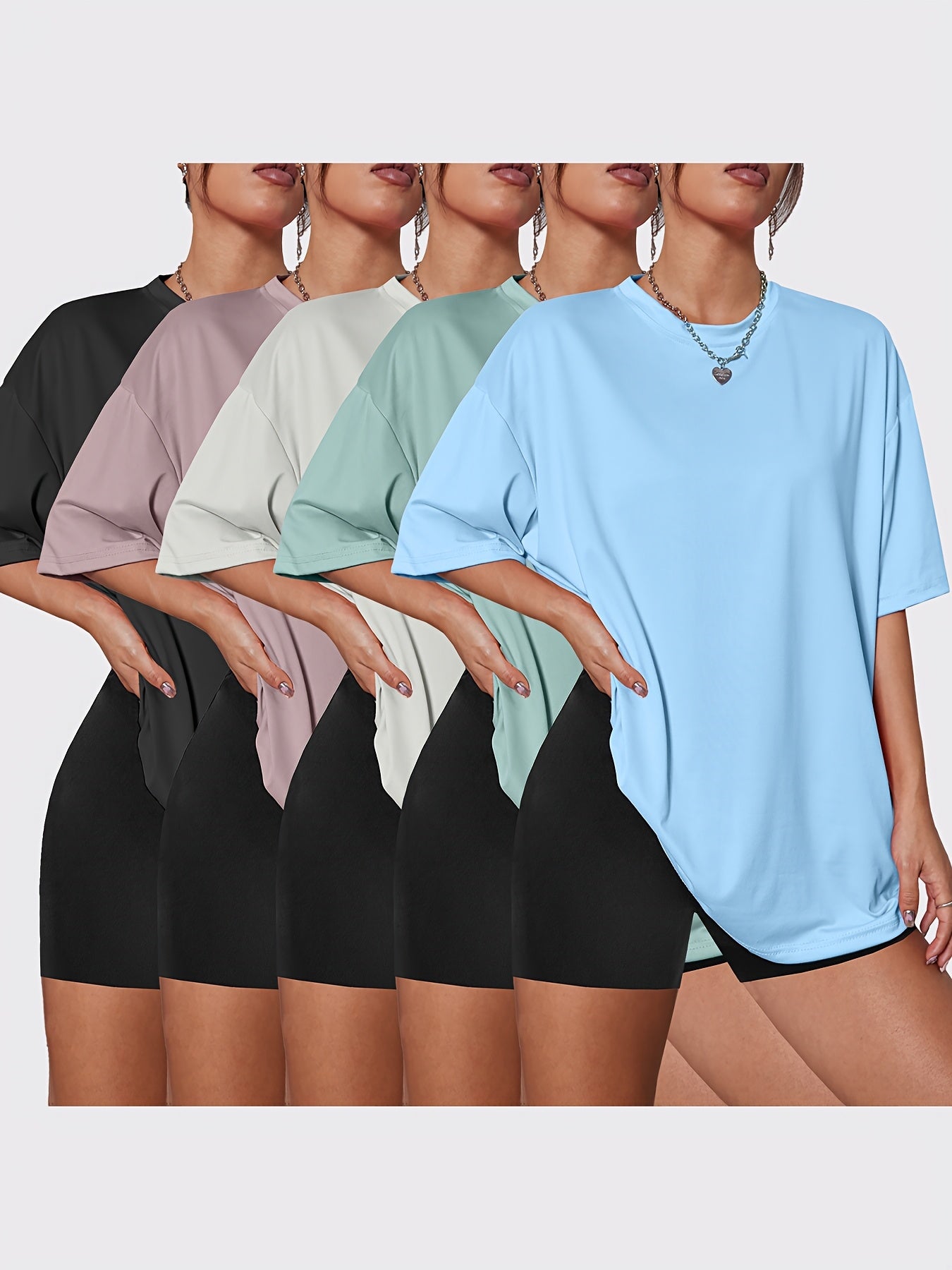 Women's Solid Color T-Shirt - 5-Pack Round Neck Short Sleeve detail image - detail view 5