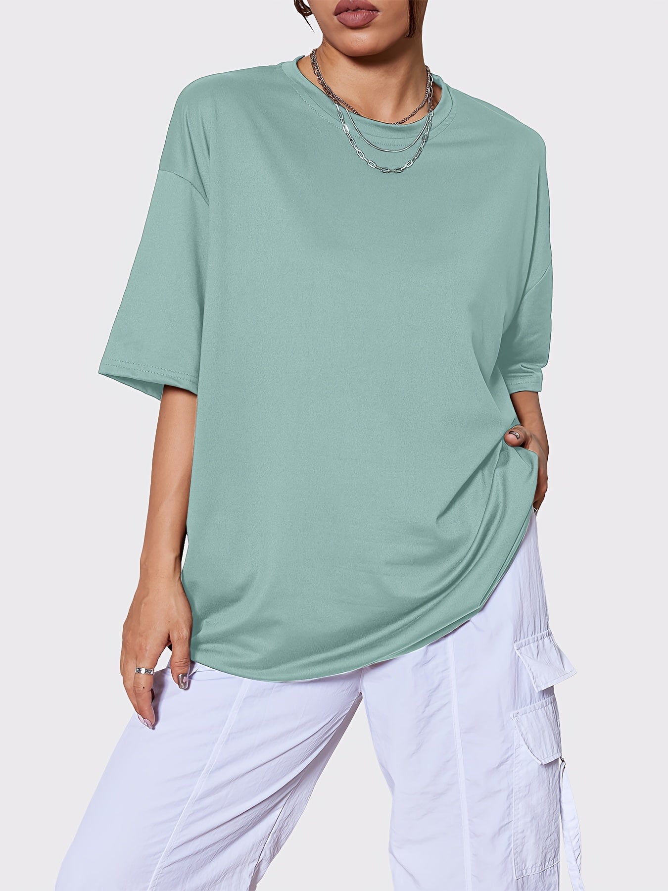 Women's Solid Color T-Shirt - 5-Pack Round Neck Short Sleeve detail image - detail view 6