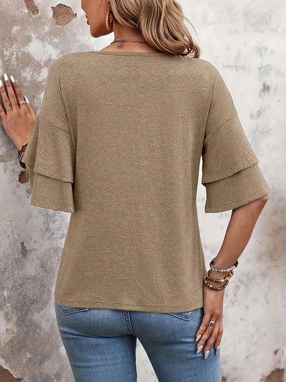 Women's Solid Color T-Shirt - V-Neck Short Sleeve Ruffle Sleeve detail image