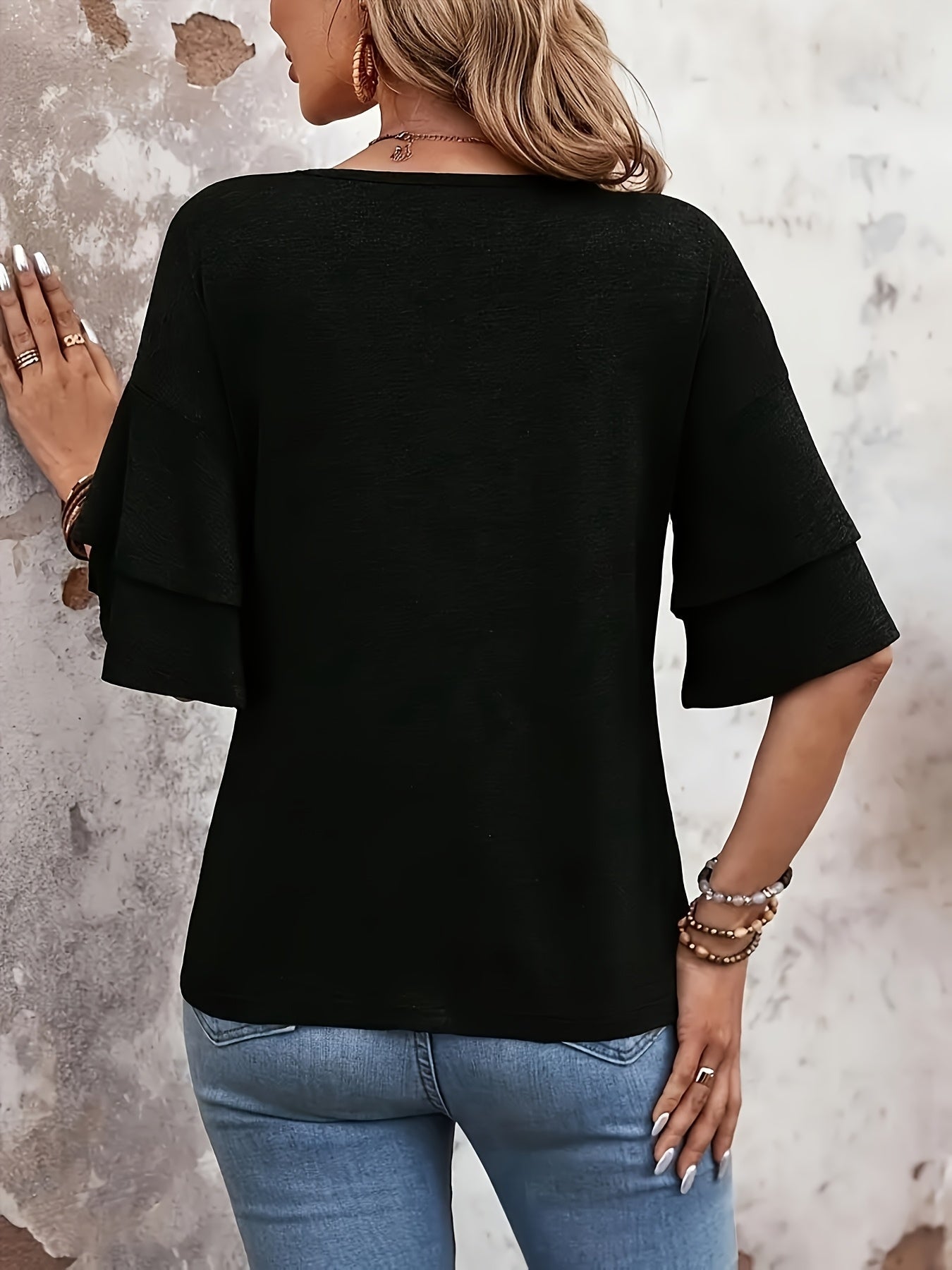 Women's Solid Color T-Shirt - V-Neck Short Sleeve Ruffle Sleeve detail image - detail view 9