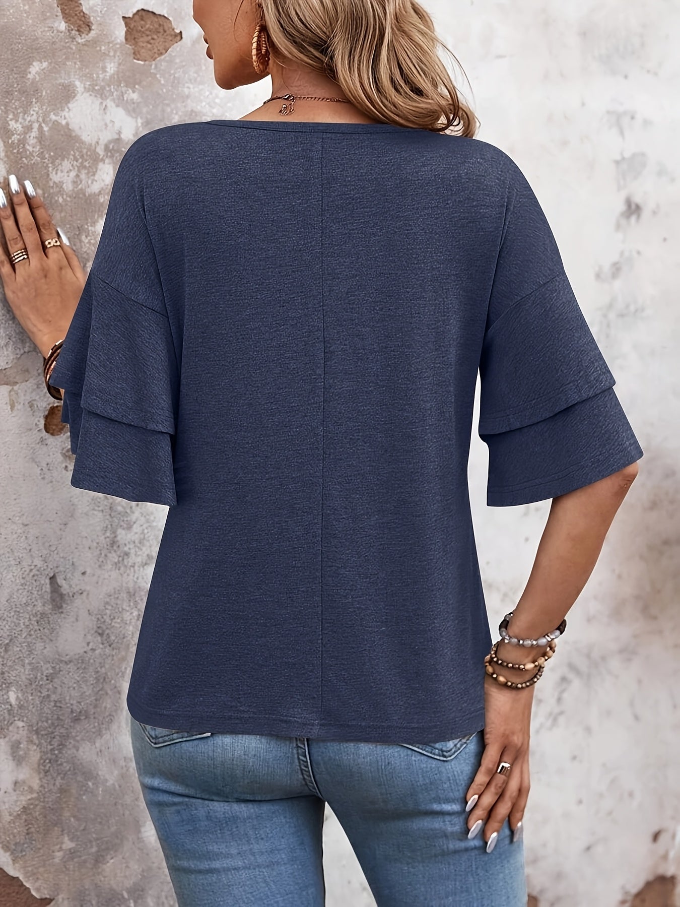 Women's Black Polyester Ruffle V-Neck T-Shirt - product view 11