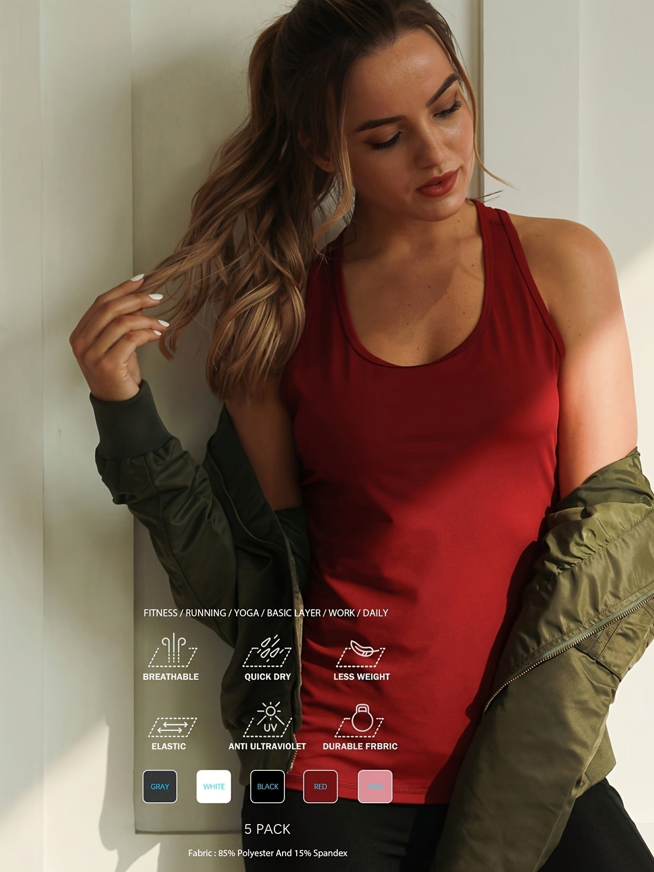 Women's Solid Color Tank Top - 5-Pack Crew Neck Sleeveless detail image