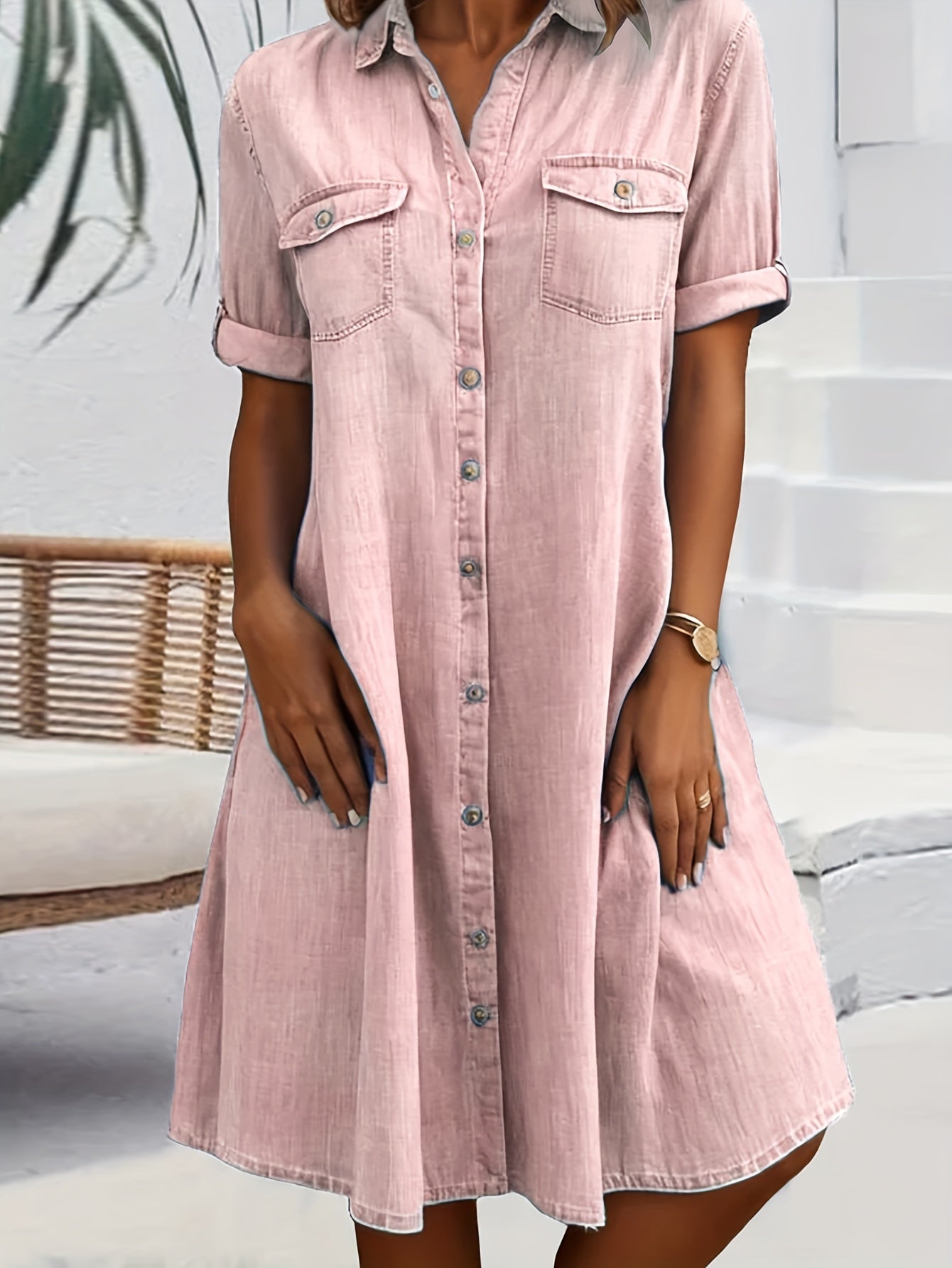 Women's Solid Midi Casual Dress - Button Front Easy Styling detail image