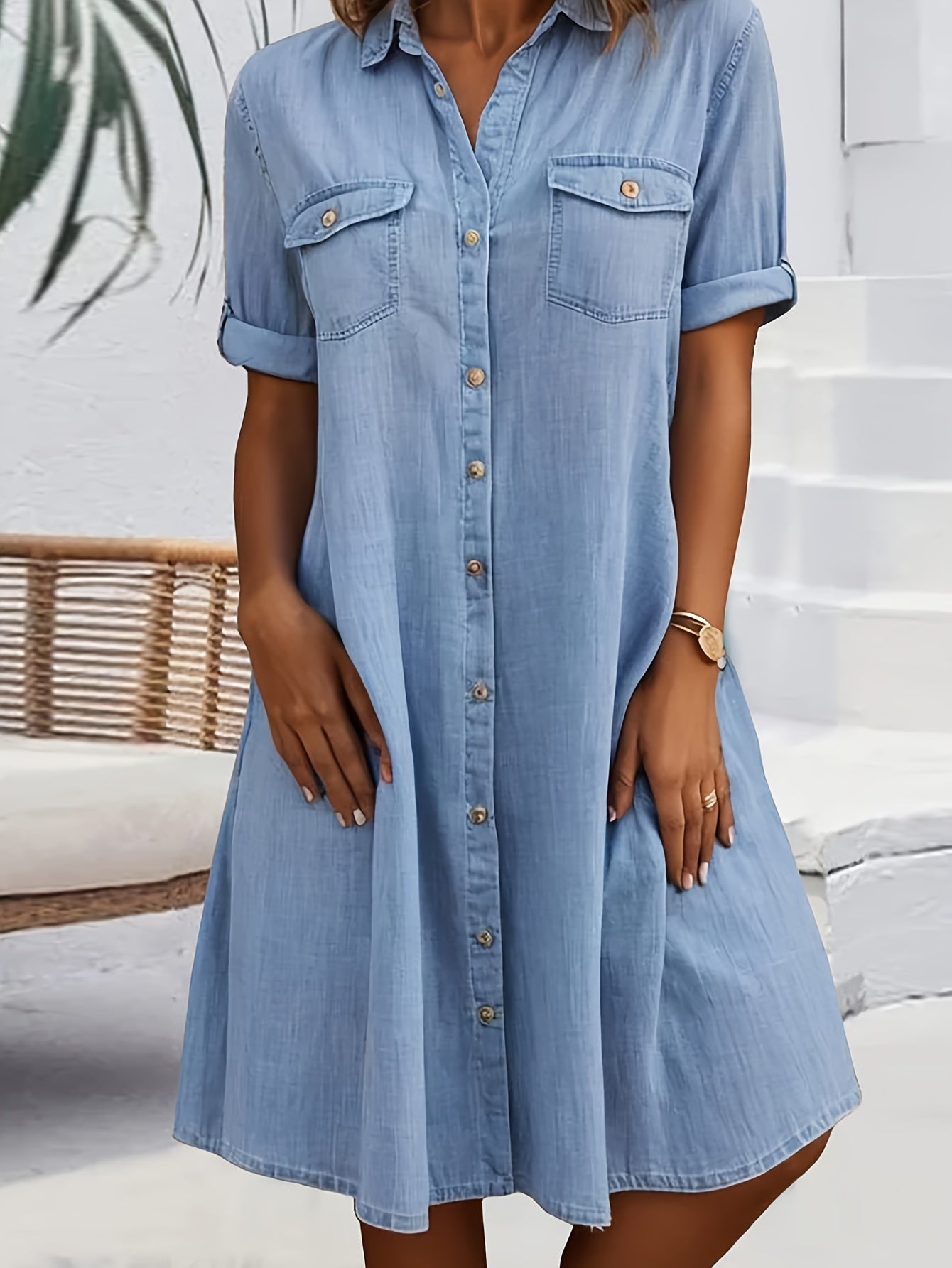 Women's Solid Midi Casual Dress - Button Front Easy Styling detail image - detail view 4