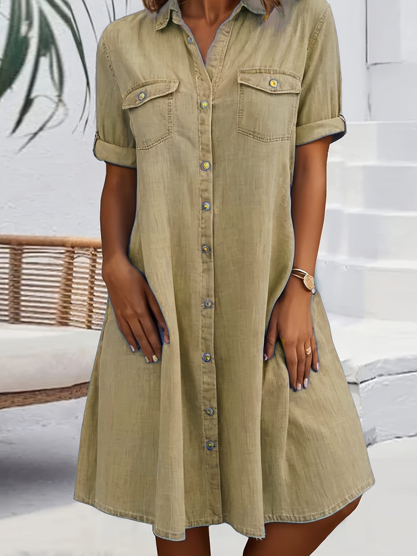 Women's Khaki Short-Sleeve Midi Dress - product view 6