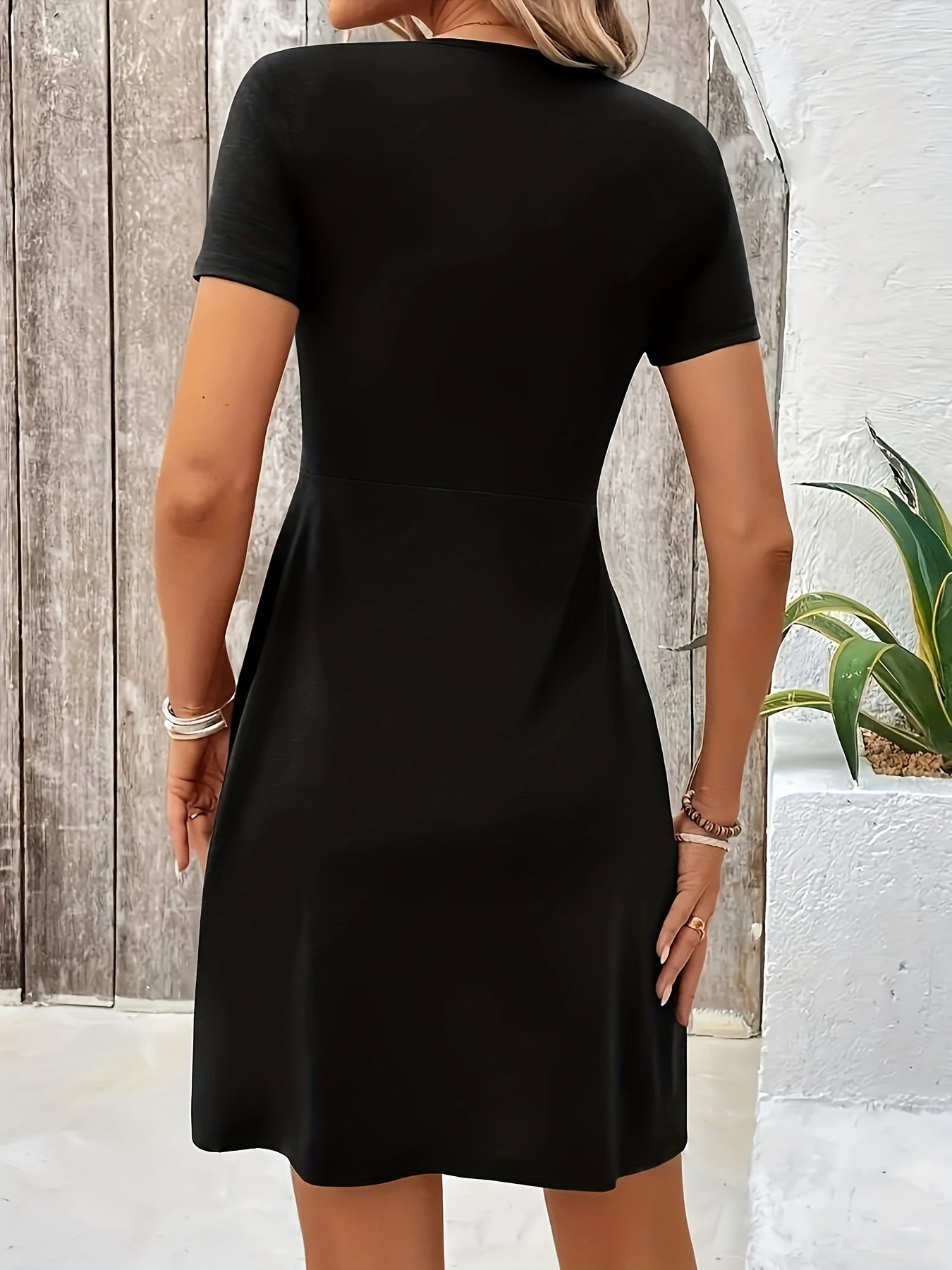 Women's Solid V-Neck A-Line Dress – Short Sleeve Easy Styling detail image - detail view 7