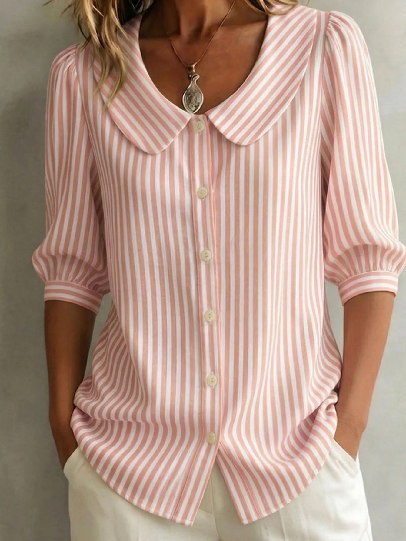 Women's Sky Blue Polyester V-Neck Striped T-Shirt - product view 9