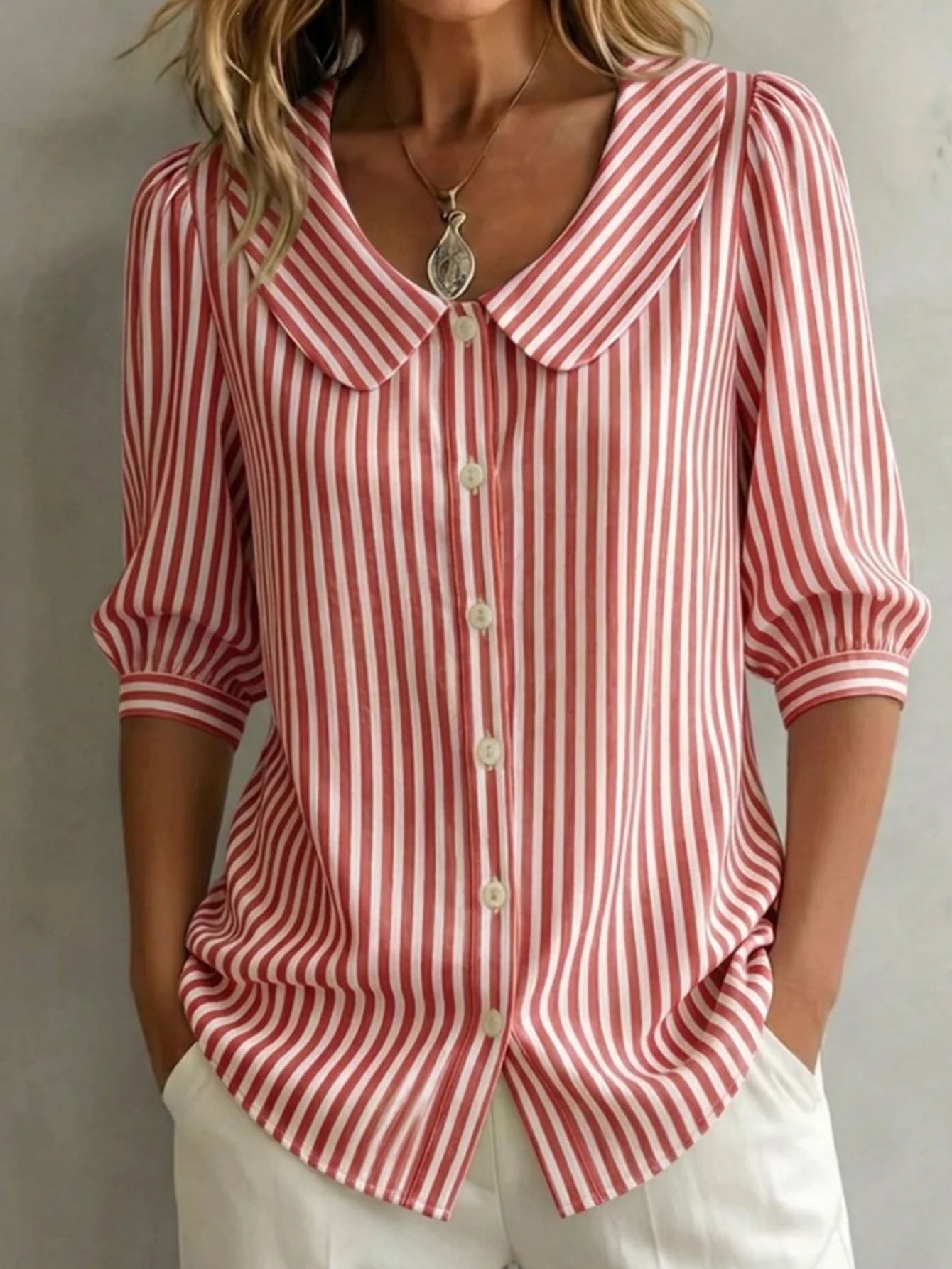 Women's Sky Blue Polyester V-Neck Striped T-Shirt - product view 10