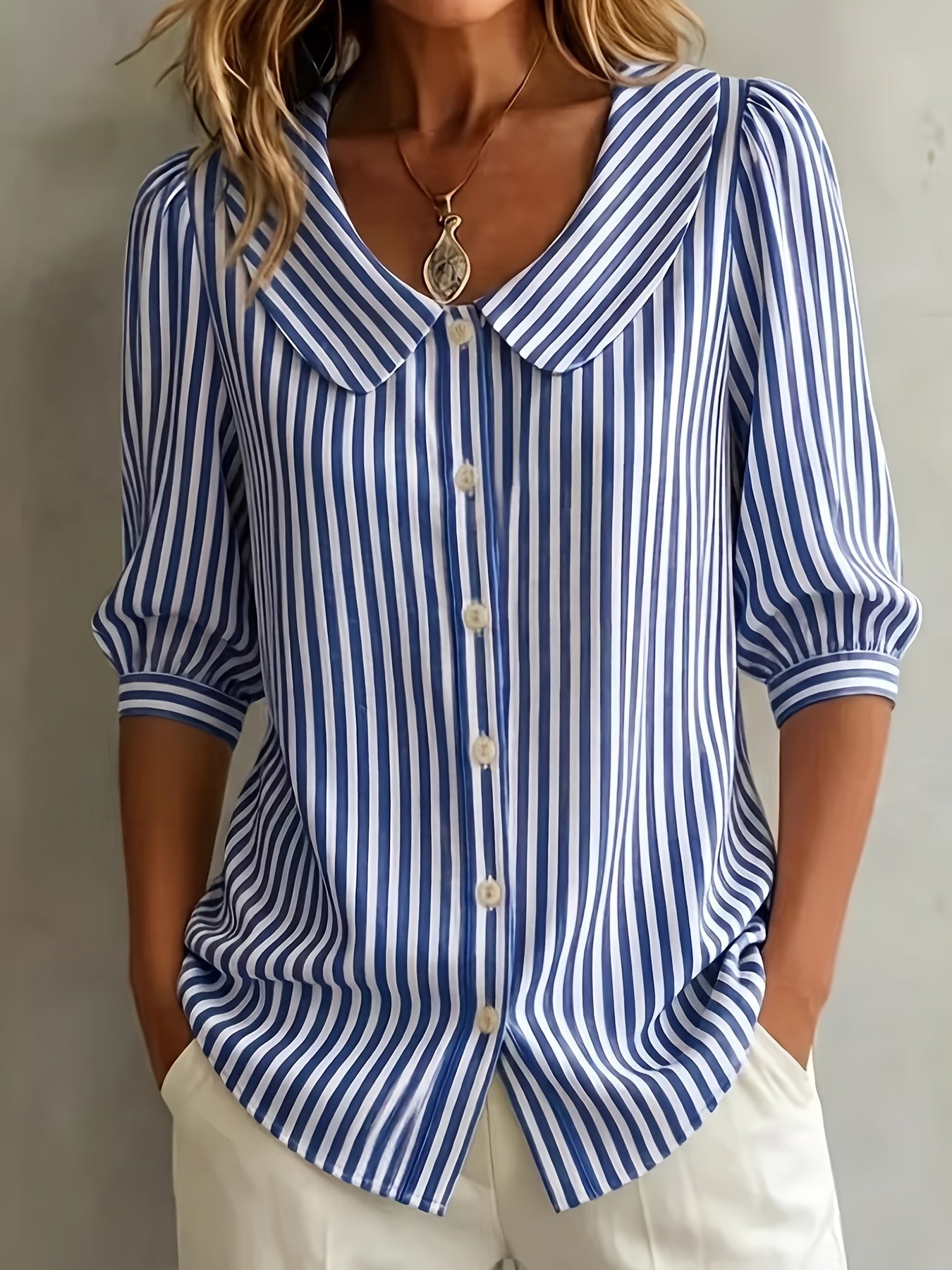 Women's Sky Blue Polyester V-Neck Striped T-Shirt - product view 7