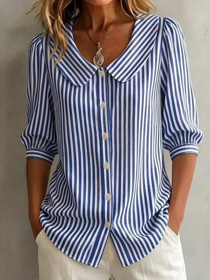 Women's Sky Blue Polyester V-Neck Striped T-Shirt - product view 7