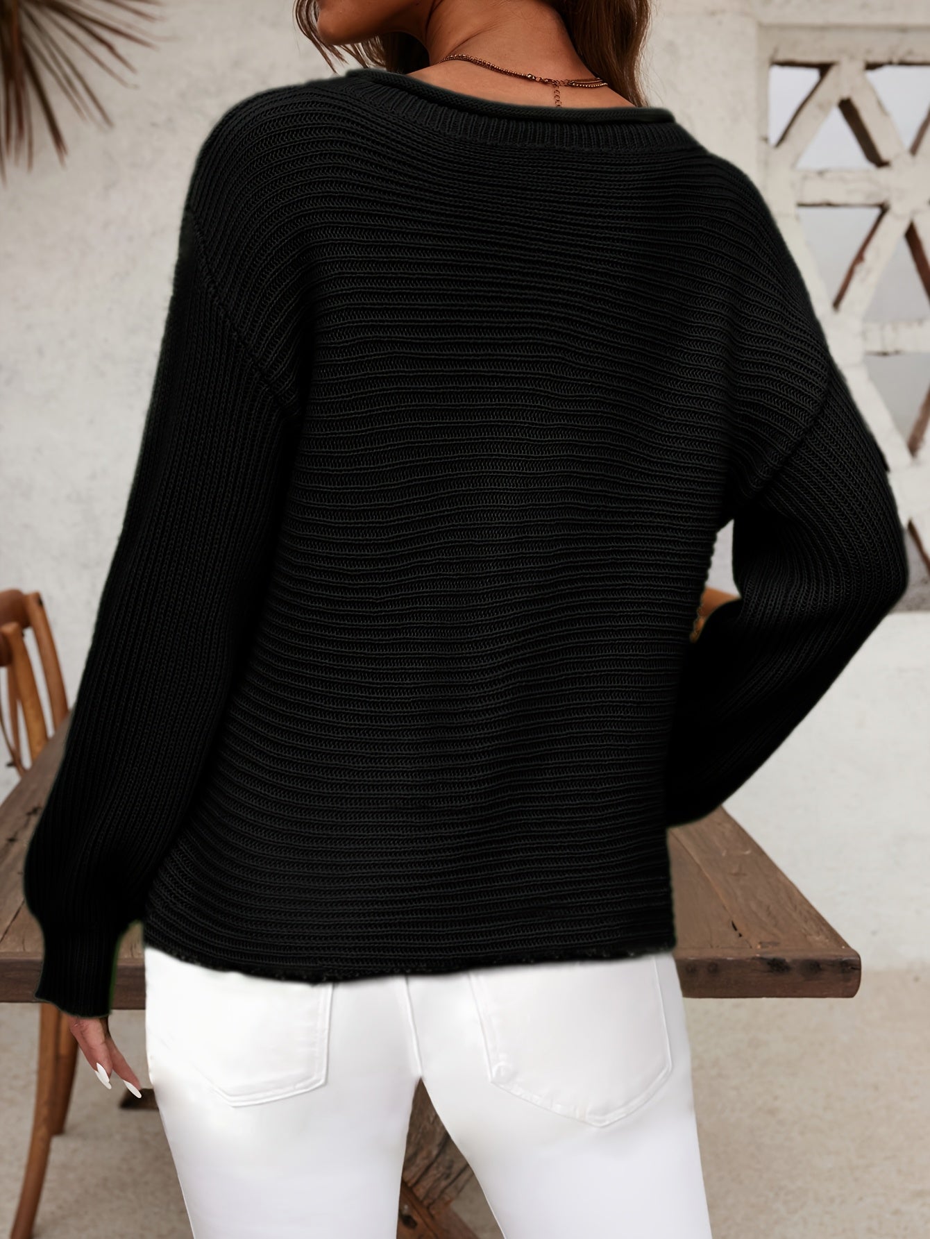 Women's Textured Pullover Sweater - Classic Neck Lantern Sleeve detail image