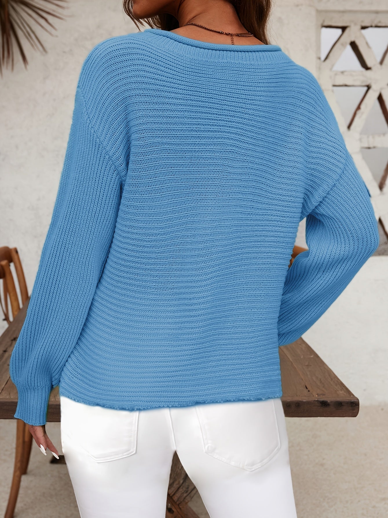 Women's Textured Pullover Sweater - Classic Neck Lantern Sleeve detail image - detail view 7