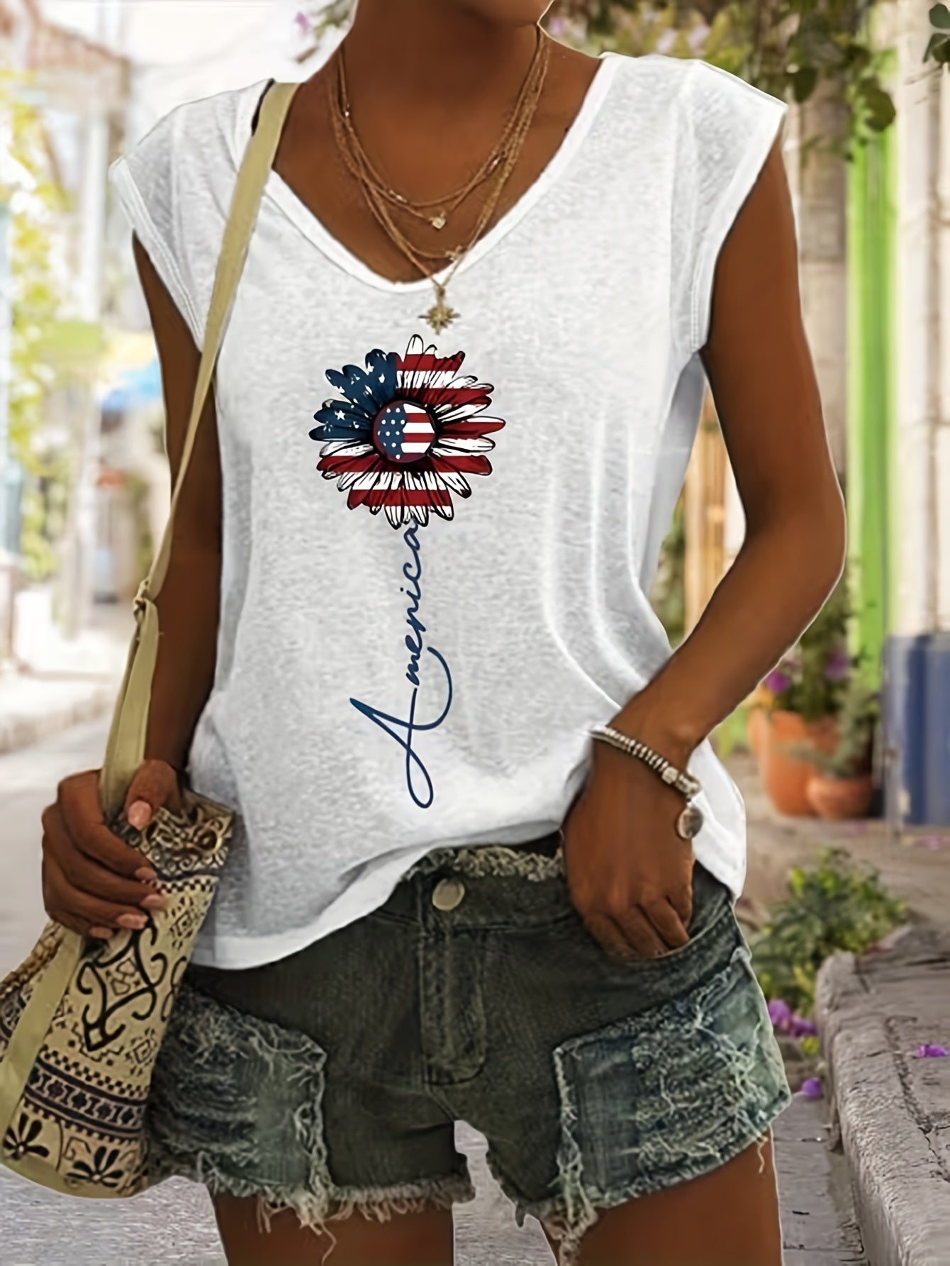 Women's White Polyester Printed V-Neck Tank Top - product view 4