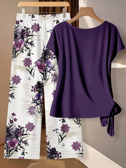 Women's Two-Piece Pants Set - Floral Print Casual Look 3093