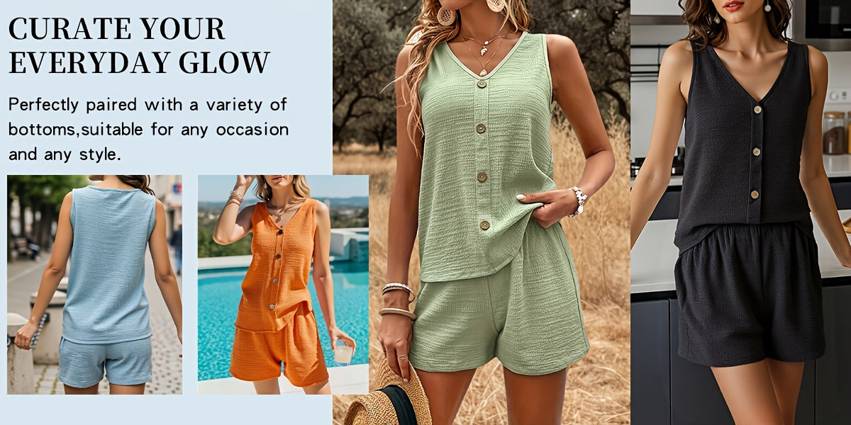 Women's Two-Piece Shorts Set - Button Detail Casual Matching Outfit detail image - detail view 6