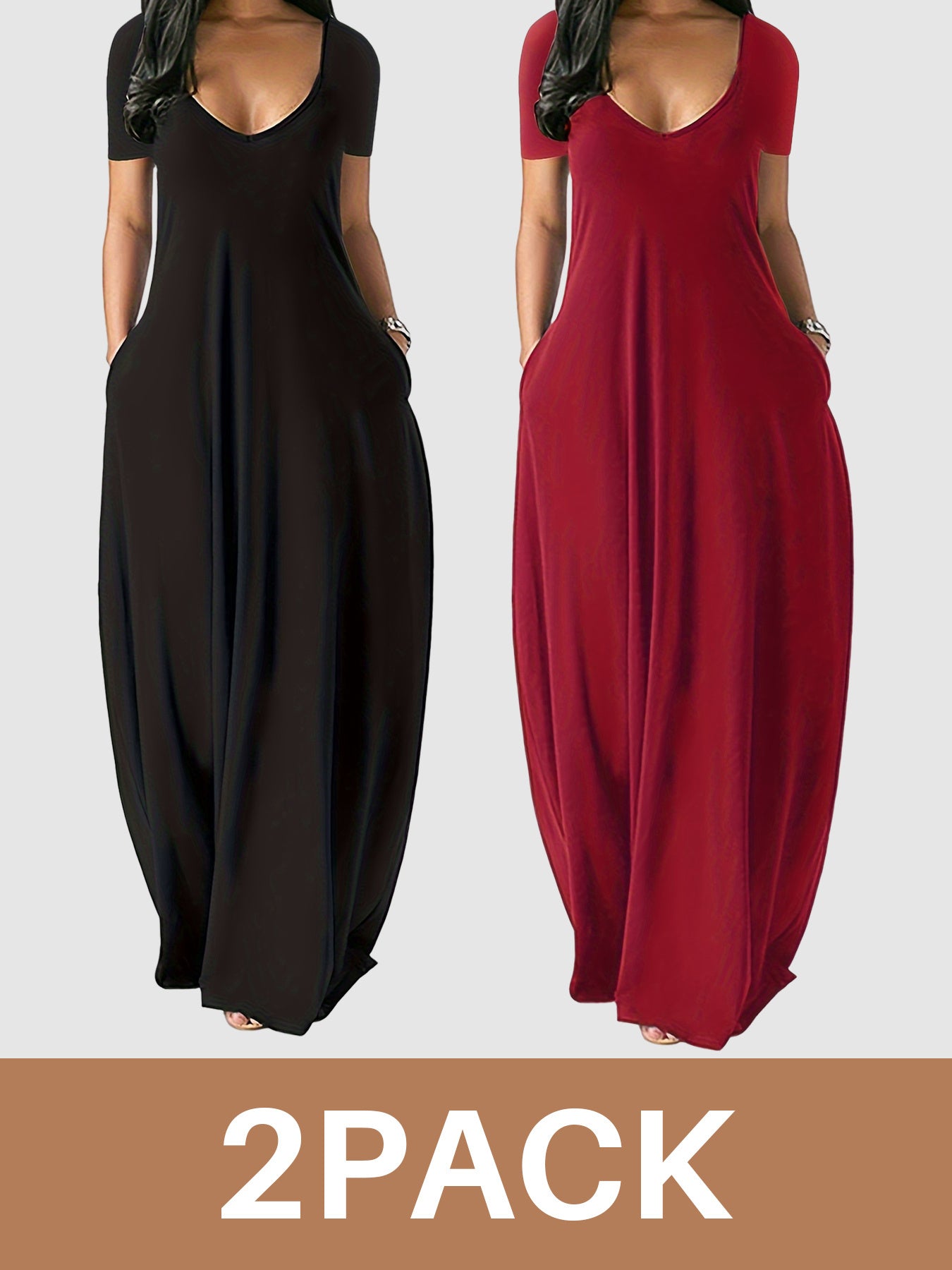 Women's 1 Wine Red+1 Black V-Neck Sleeveless Dress - product view 5
