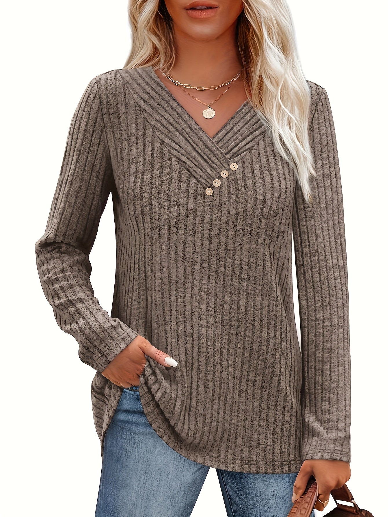 Women's V-Neck Pullover Sweater - Colorful Button Detail detail image - detail view 13