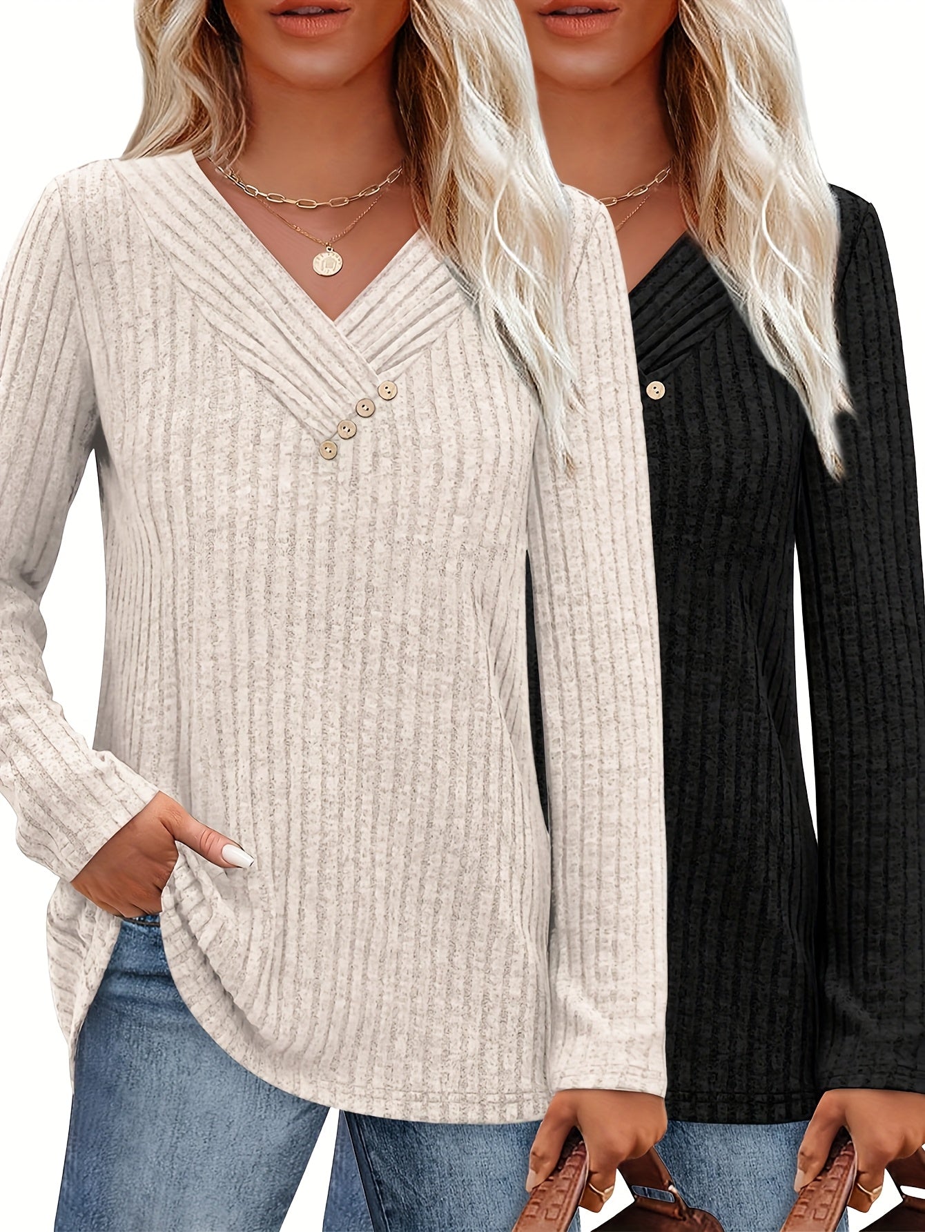 Women's Mixed colors Polyester V-Neck Long-Sleeve Top - product view 6