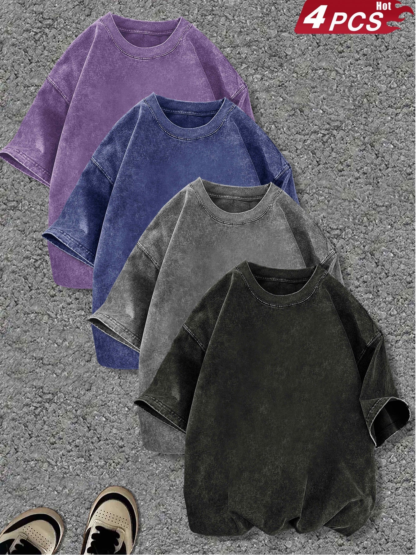 4pcs Women's Heavyweight Vintage Washed Cotton T Shirts Loose Drop Shoulder Round - product view 10