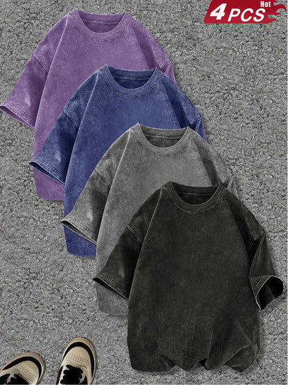 4pcs Women's Heavyweight Vintage Washed Cotton T Shirts Loose Drop Shoulder Round - product view 10