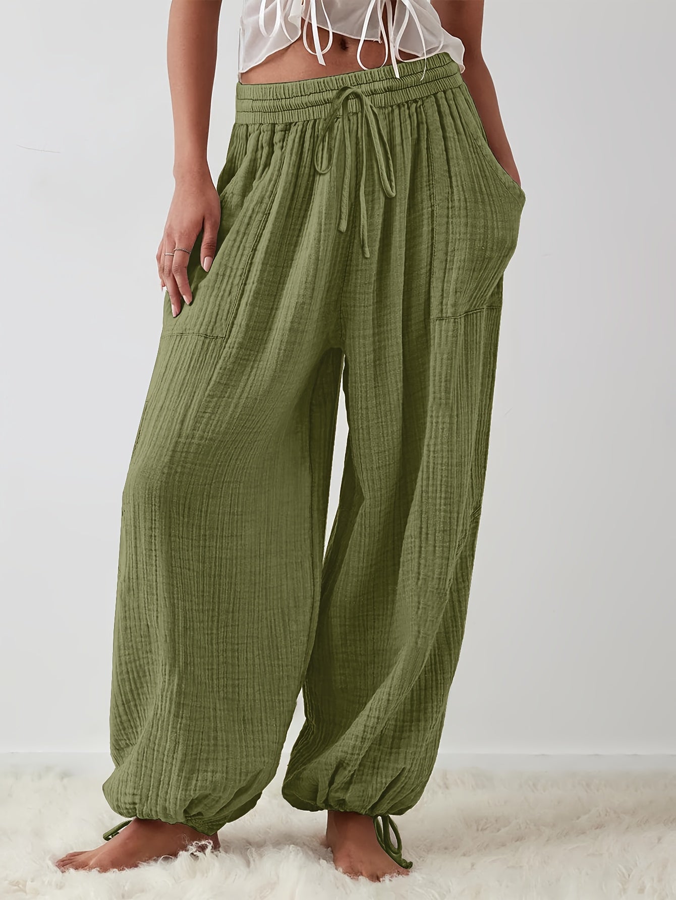 Women's Wide Leg Pants - Drawstring Waist Wide leg detail image - detail view 10