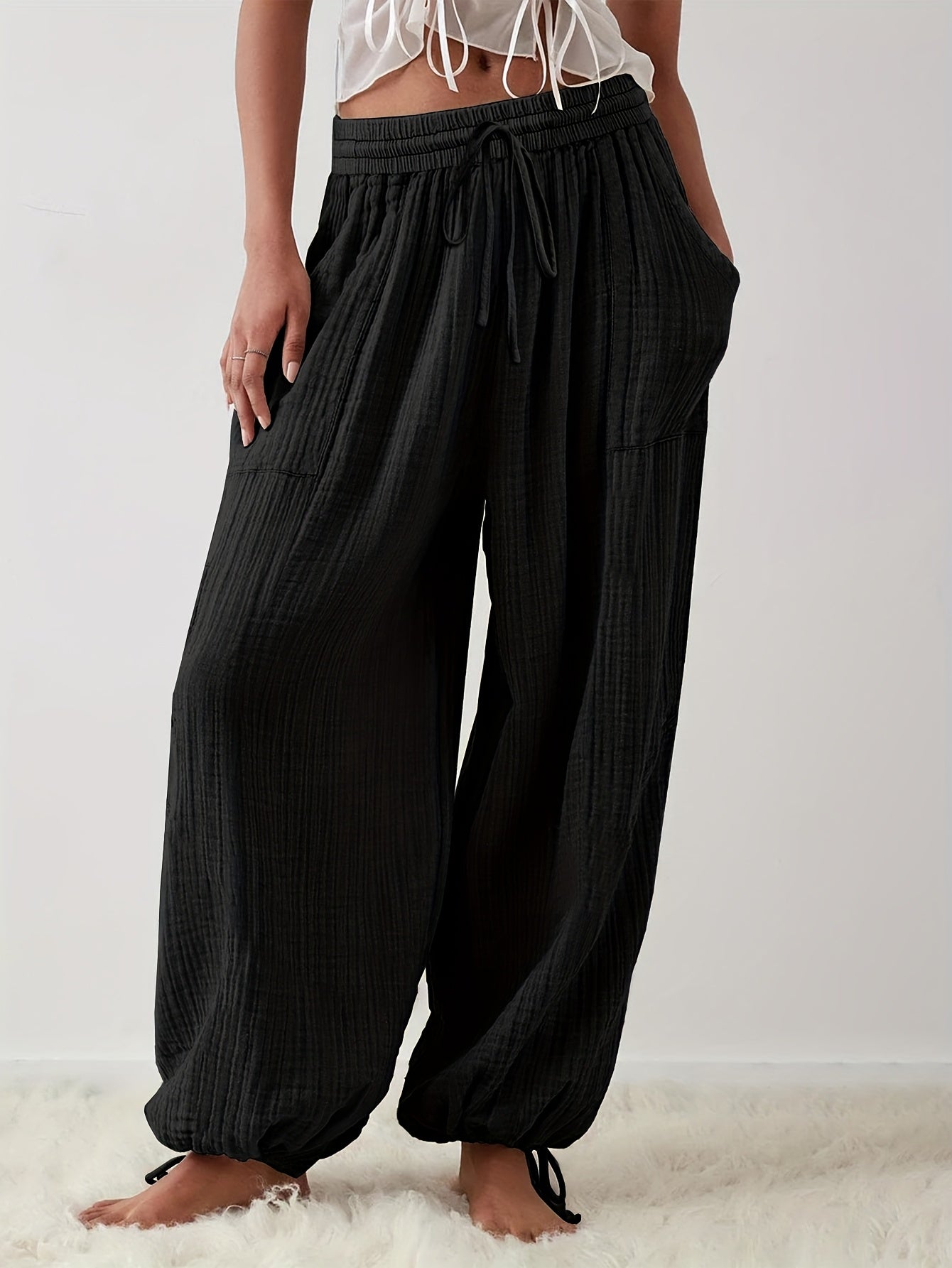 Women's Wide Leg Pants - Drawstring Waist Wide leg detail image