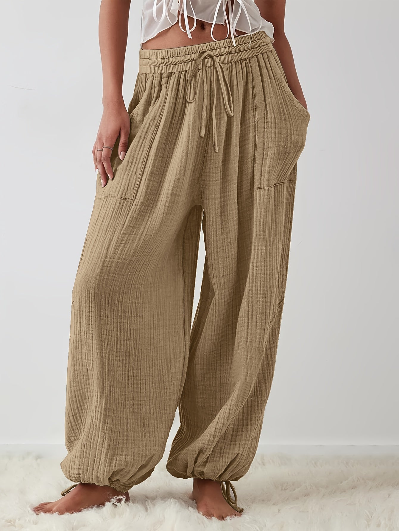 Women's Apricot Polyester Wide-Leg Pants - product view 23