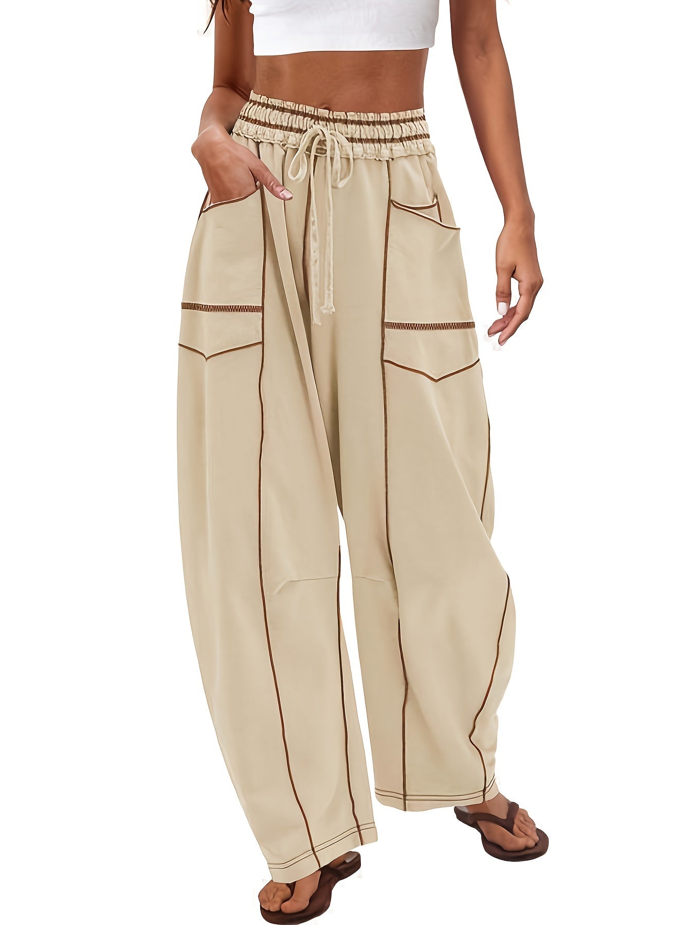 Women's Wide Leg Pants - Drawstring Waist Wide leg 50 detail image - detail view 13