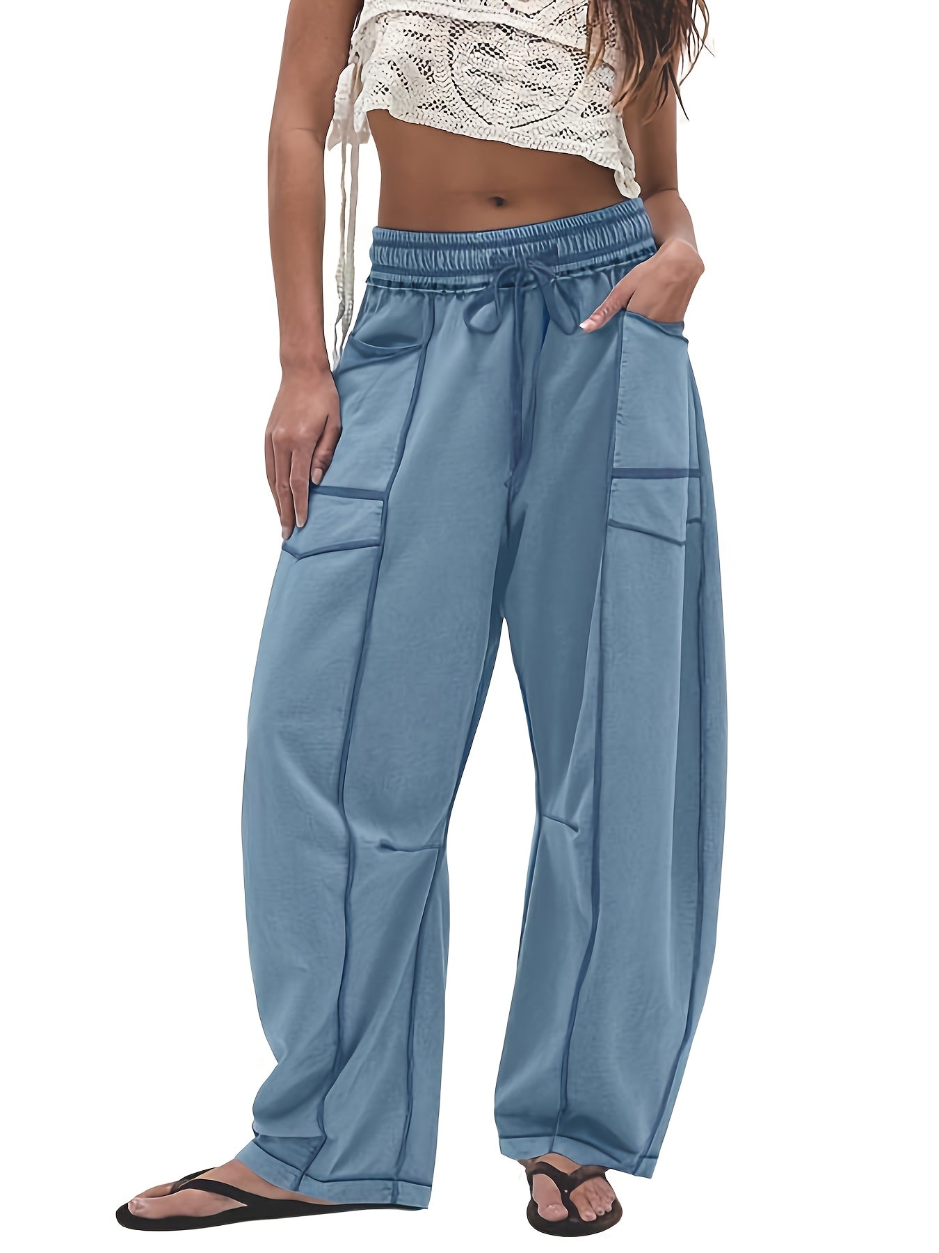 Women's Wide Leg Pants - Drawstring Waist Wide leg 50 detail image - detail view 8