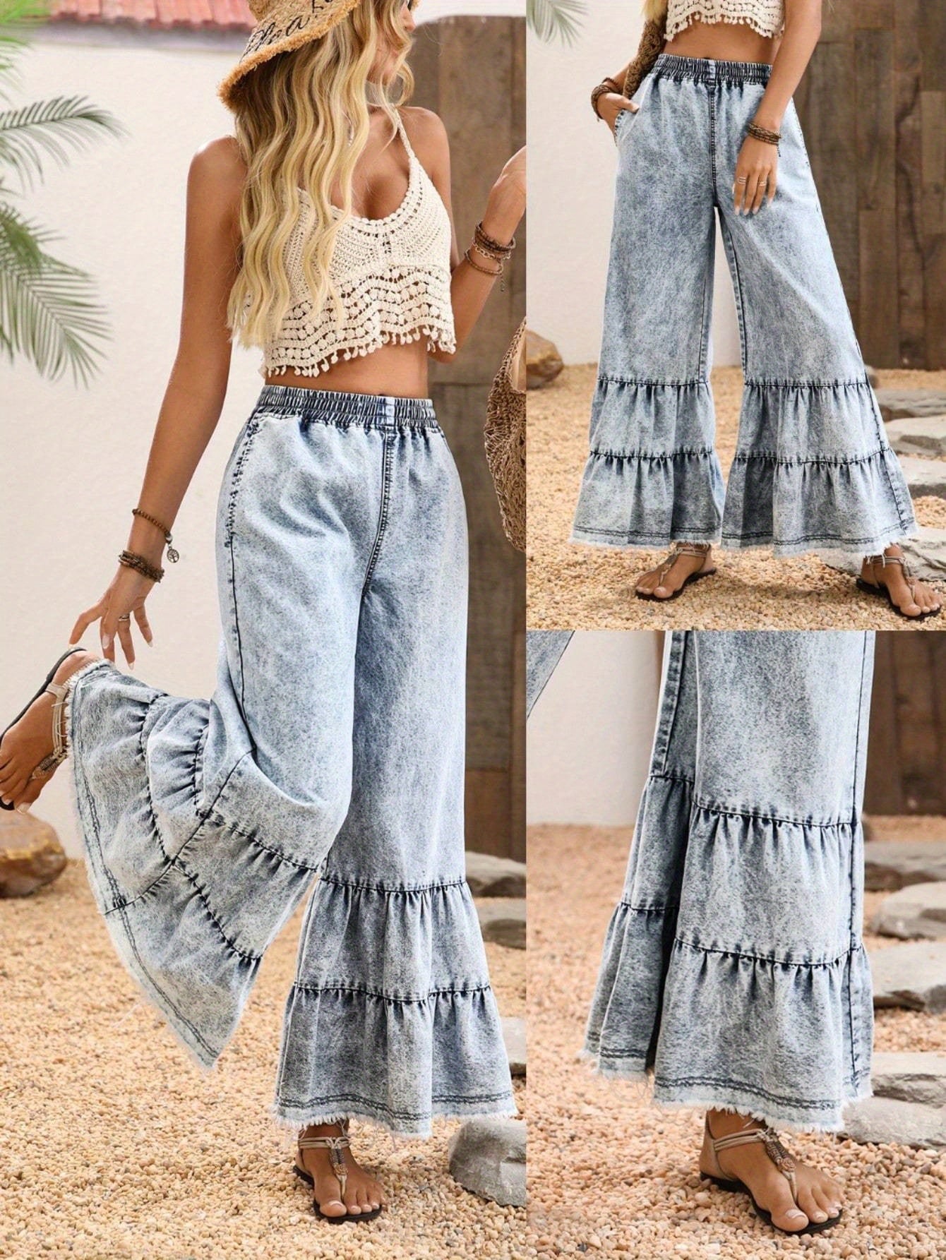 Women's Medium Blue Denim Ruffle Oversized Pants - product view 12