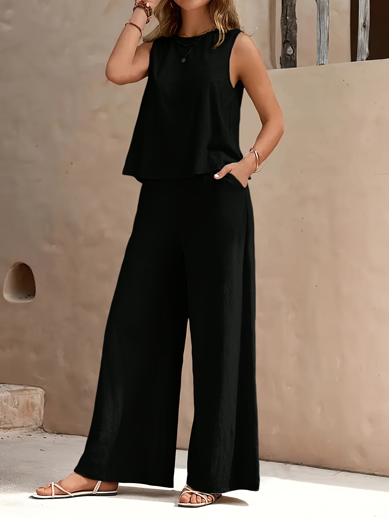 Women's Blue Navy Polyester Sleeveless Wide-Leg Pants - product view 11