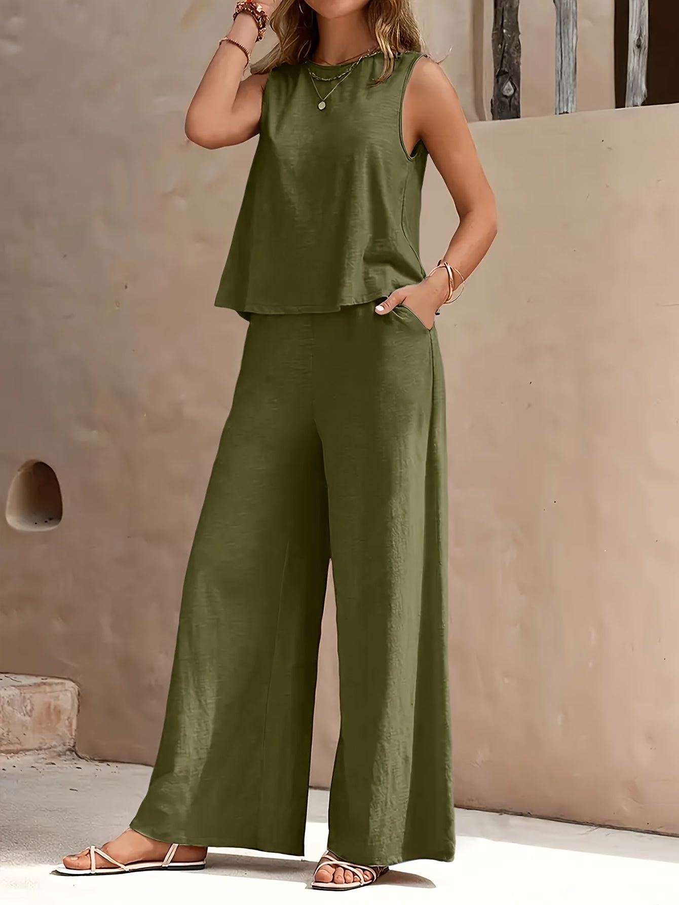 Women's Blue Navy Polyester Sleeveless Wide-Leg Pants - product view 14