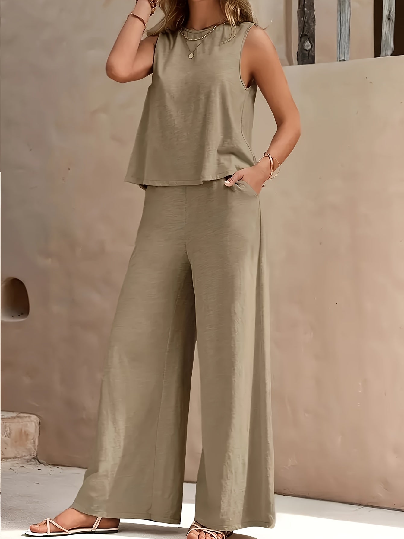 Women's Blue Navy Polyester Sleeveless Wide-Leg Pants - product view 17
