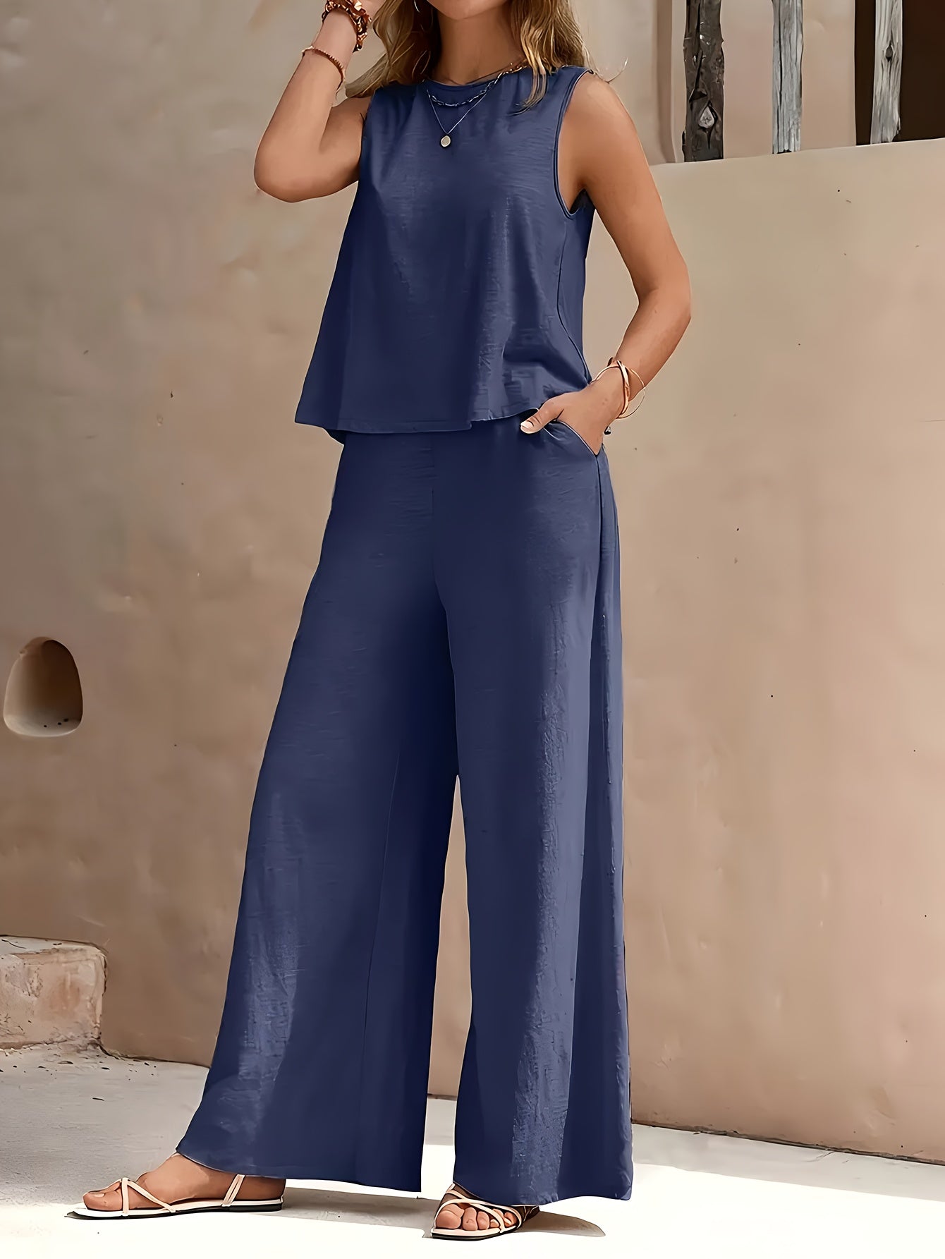 Women's Blue Navy Polyester Sleeveless Wide-Leg Pants - product view 8