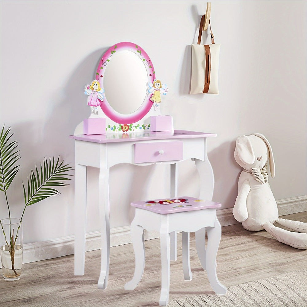 Kids Vanity Set, Girls Vanity Table Set with Mirror & Stool, Wooden Fairy Princess Makeup shown in the main product view