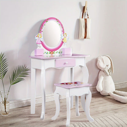 Kids Vanity Set, Girls Vanity Table Set with Mirror & Stool, Wooden Fairy Princess Makeup shown in the main product view