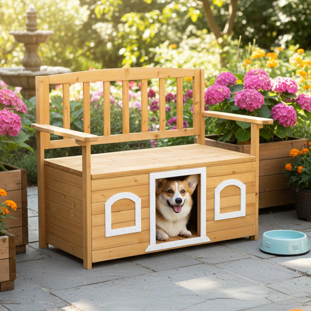 Outdoor Bench, Outdoor Wooden Bench with Dog Shelter & Storage, Garden Patio Bench shown in the main product view
