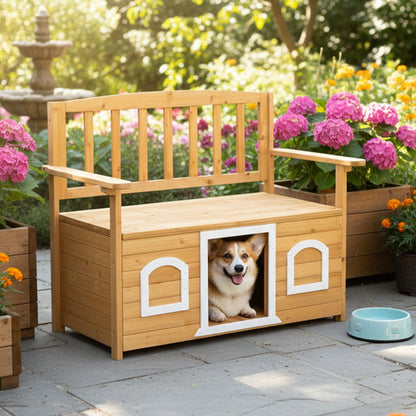 Outdoor Bench, Outdoor Wooden Bench with Dog Shelter & Storage, Garden Patio Bench shown in the main product view