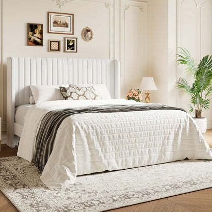 Bed Frame, Velvet Wingback Platform with Channel Tufted Headboard - Wooden Slats, No Box shown in the main product view